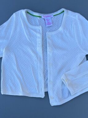 Tommy Bahama Girls' White Eyelet Cotton Cardigan with Green Trim